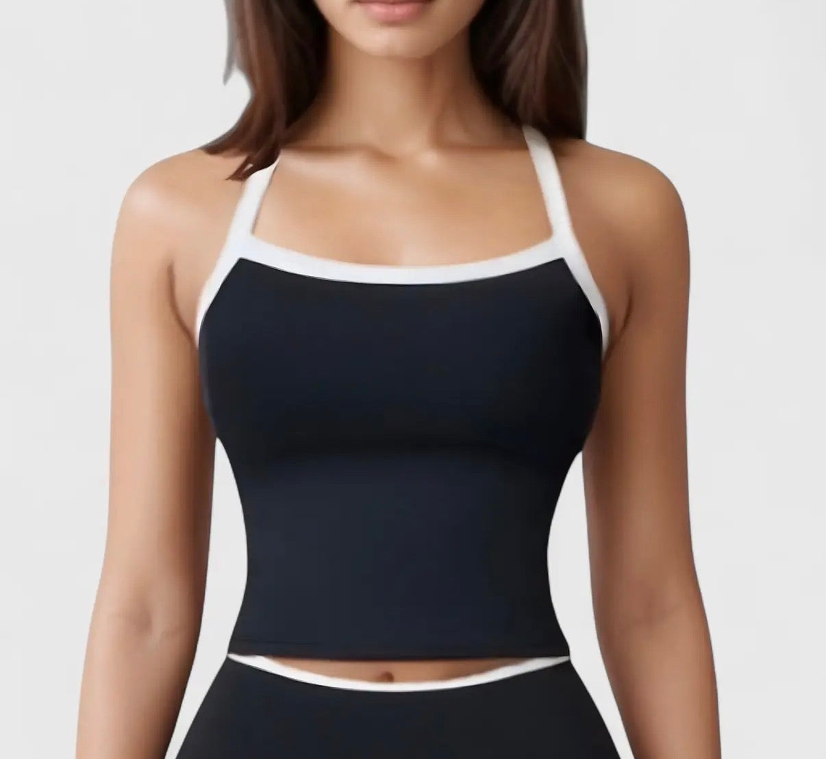 Square Neck Cropped Active Tank with Contrast Trim and Built
