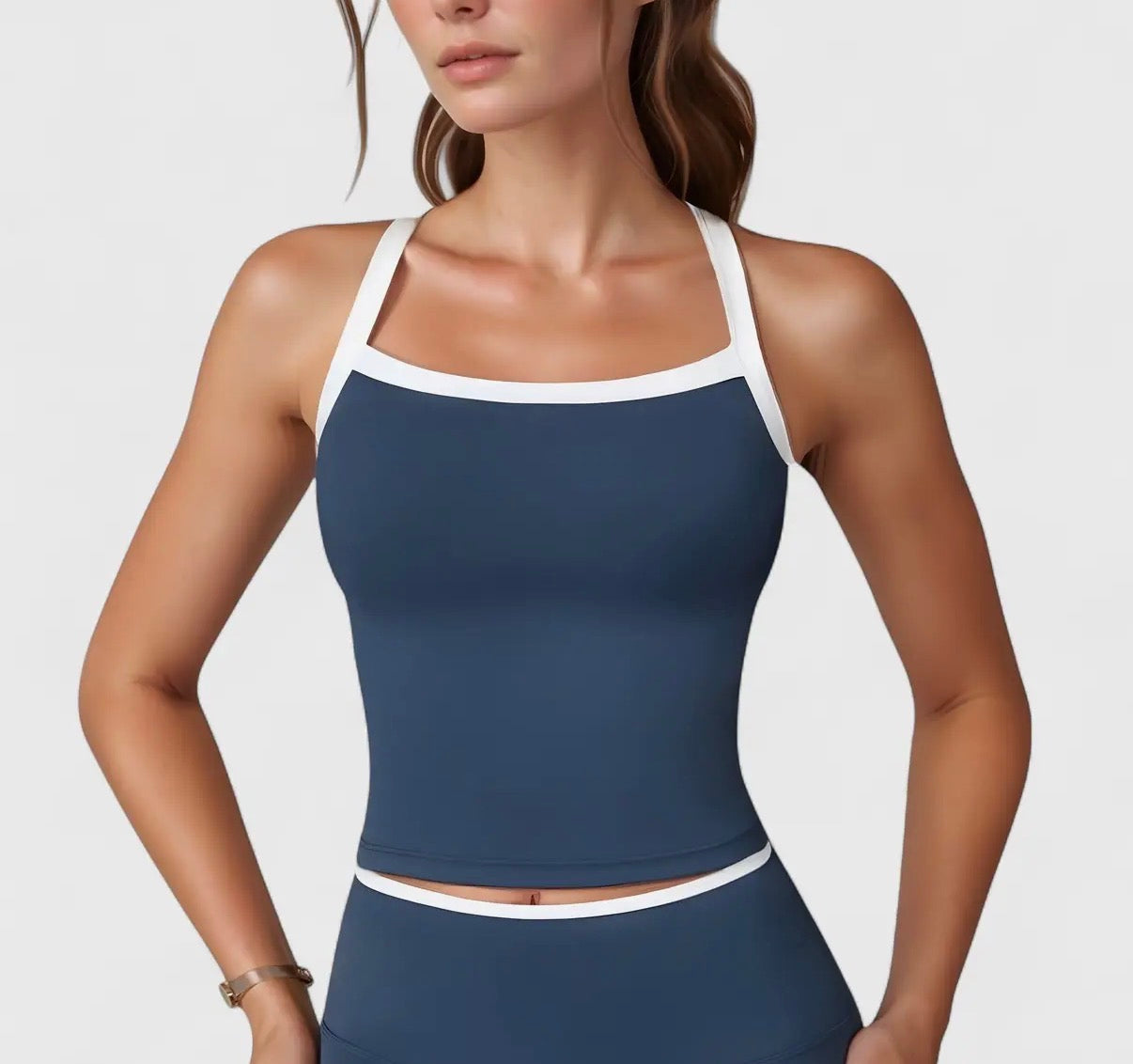 Square Neck Cropped Active Tank with Contrast Trim and Built