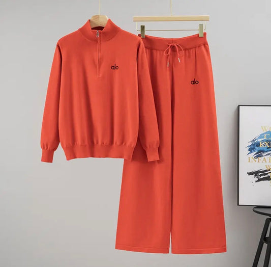 Half Zip Sweater and Wide Leg Pants Set
