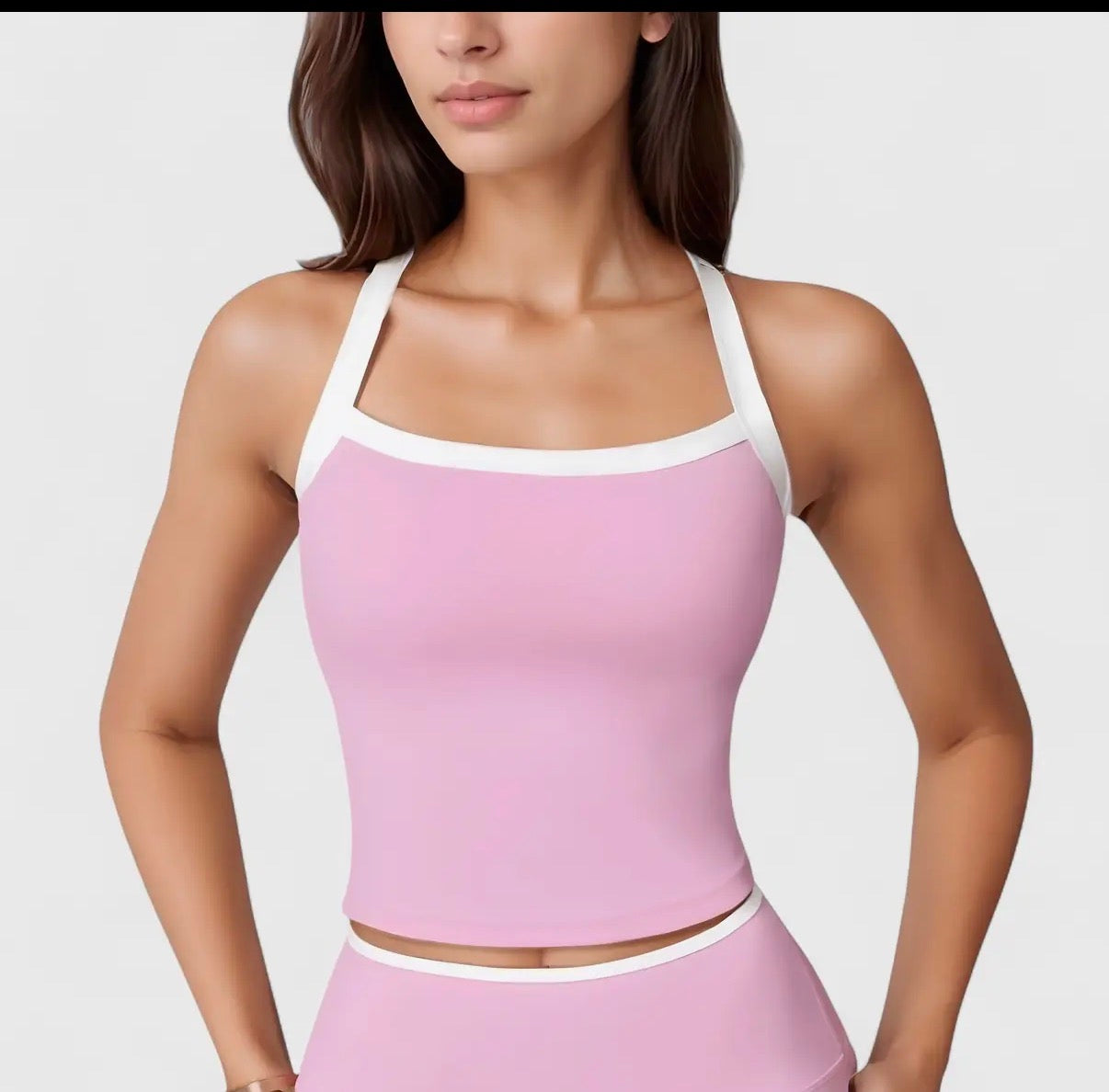 Square Neck Cropped Active Tank with Contrast Trim and Built