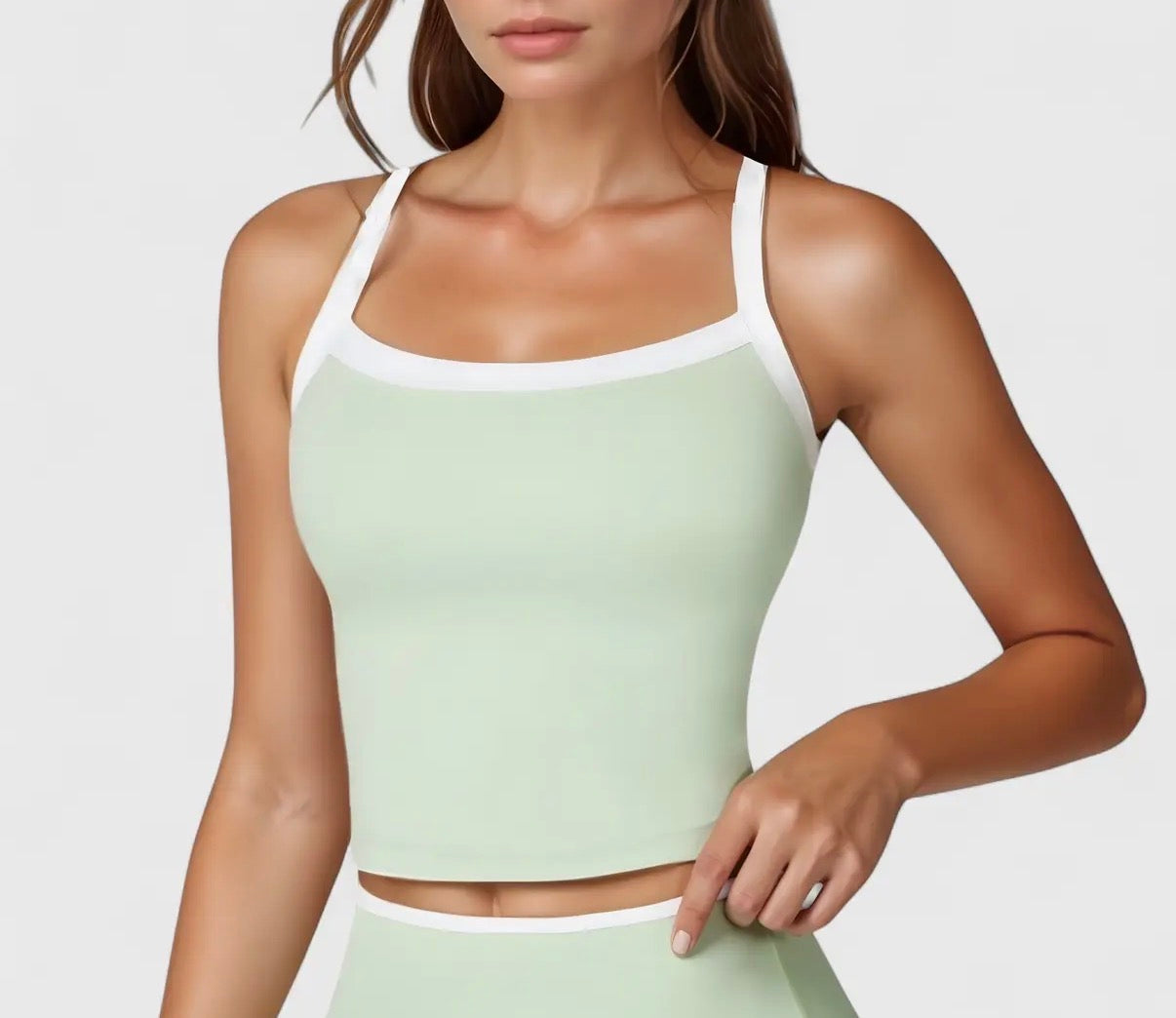 Square Neck Cropped Active Tank with Contrast Trim and Built