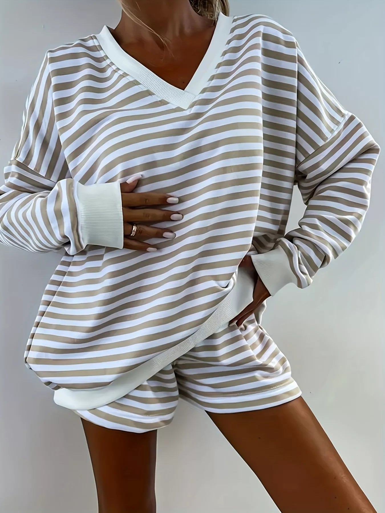Striped V-Neck Top & Bottom Set