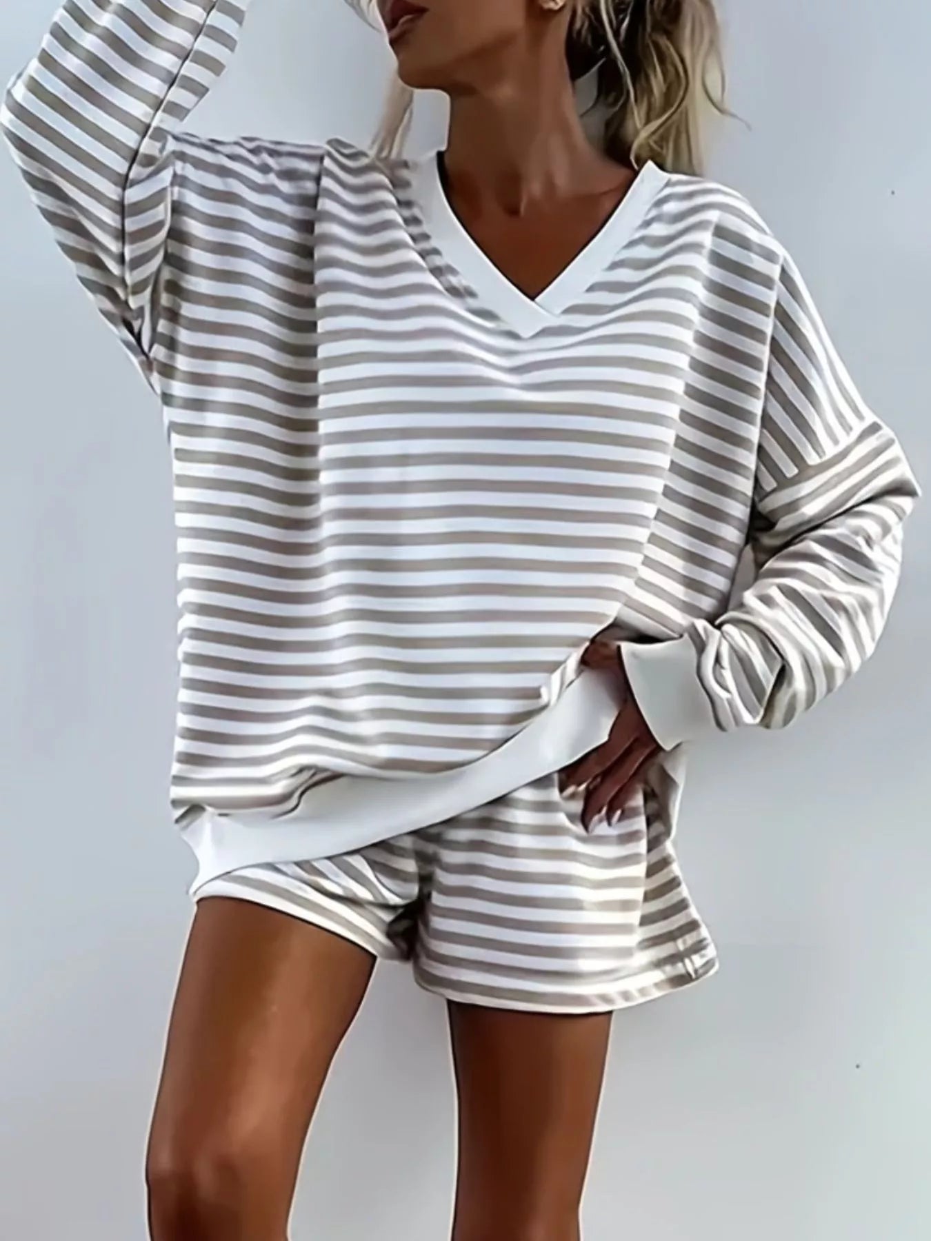 Striped V-Neck Top & Bottom Set
